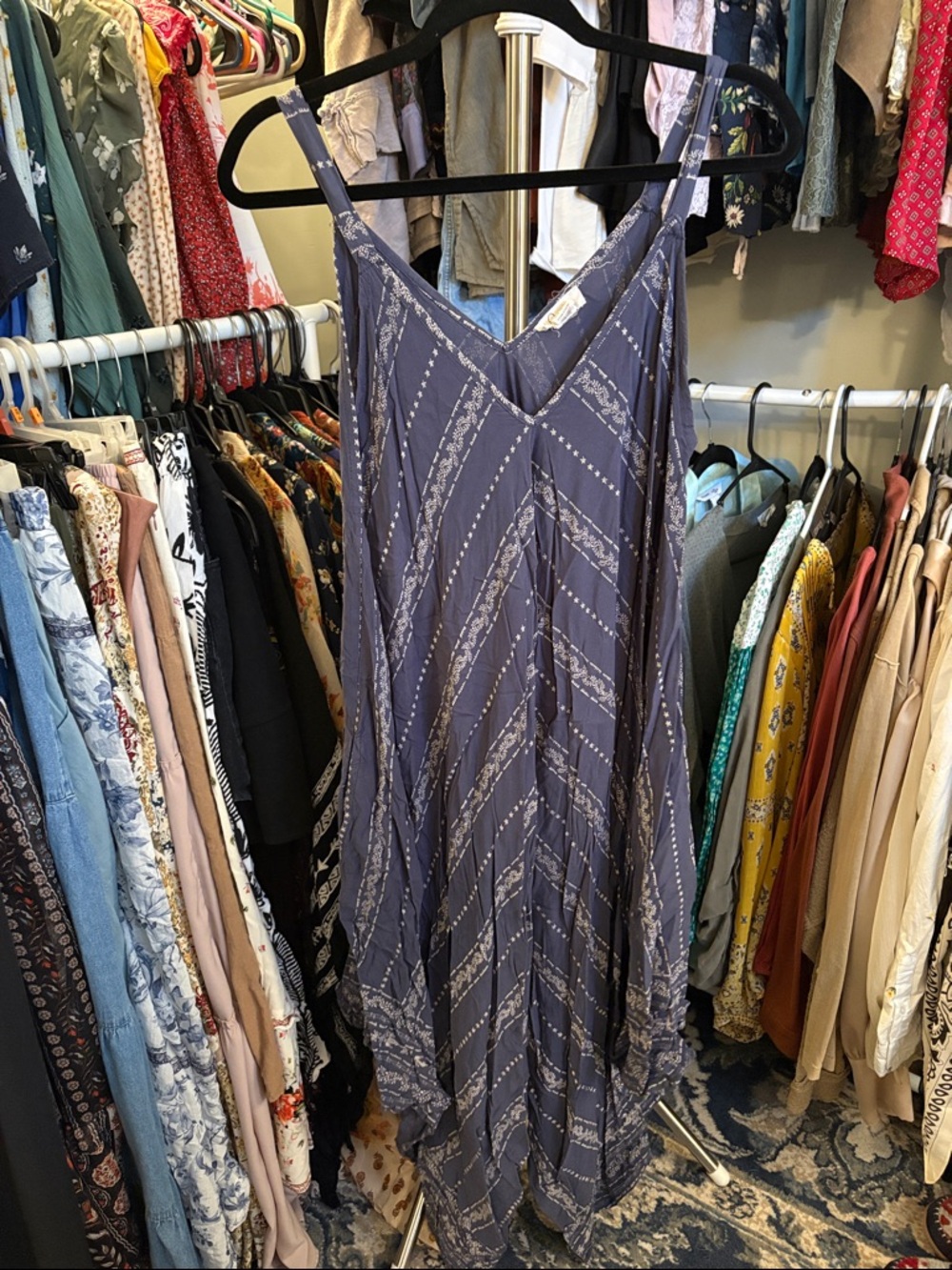 Japna Slate Blue Patterned Sleeveless V-Neck Maxi Jumpsuit